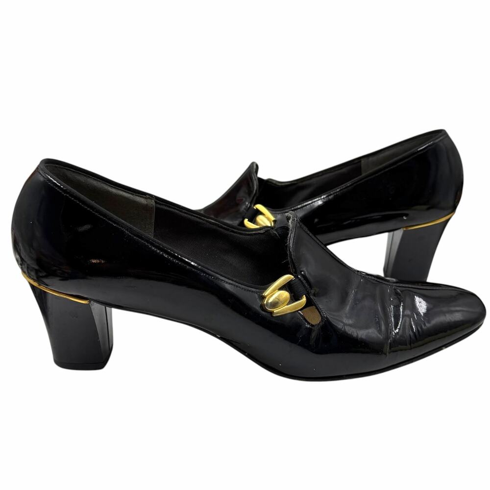Vintage 60s Red Cross Black Patent Loafer Heels Gold Accent Block Pumps Retro 9